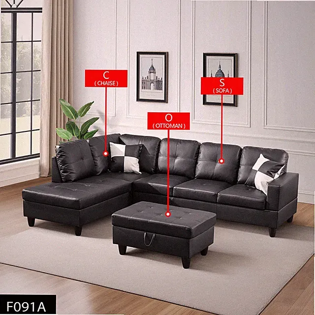 Contemporary Black Faux Leather L-Shape Sofa Set with Chaise & Storage Ottoman