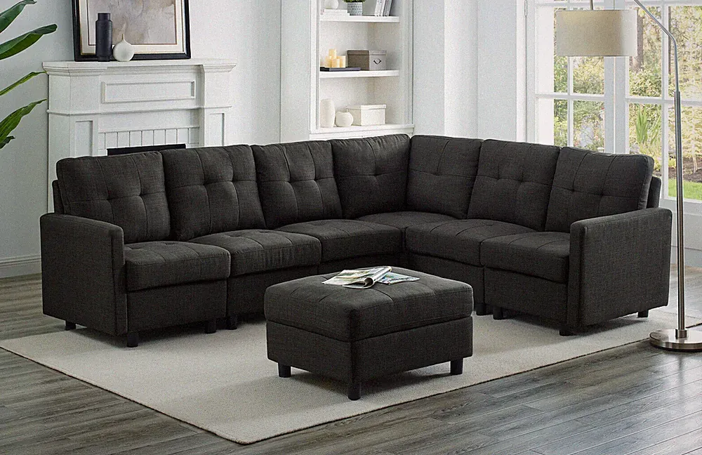 Contemporary Convertible Sectional Sofa Linen Fabric Couch for Living Room Black