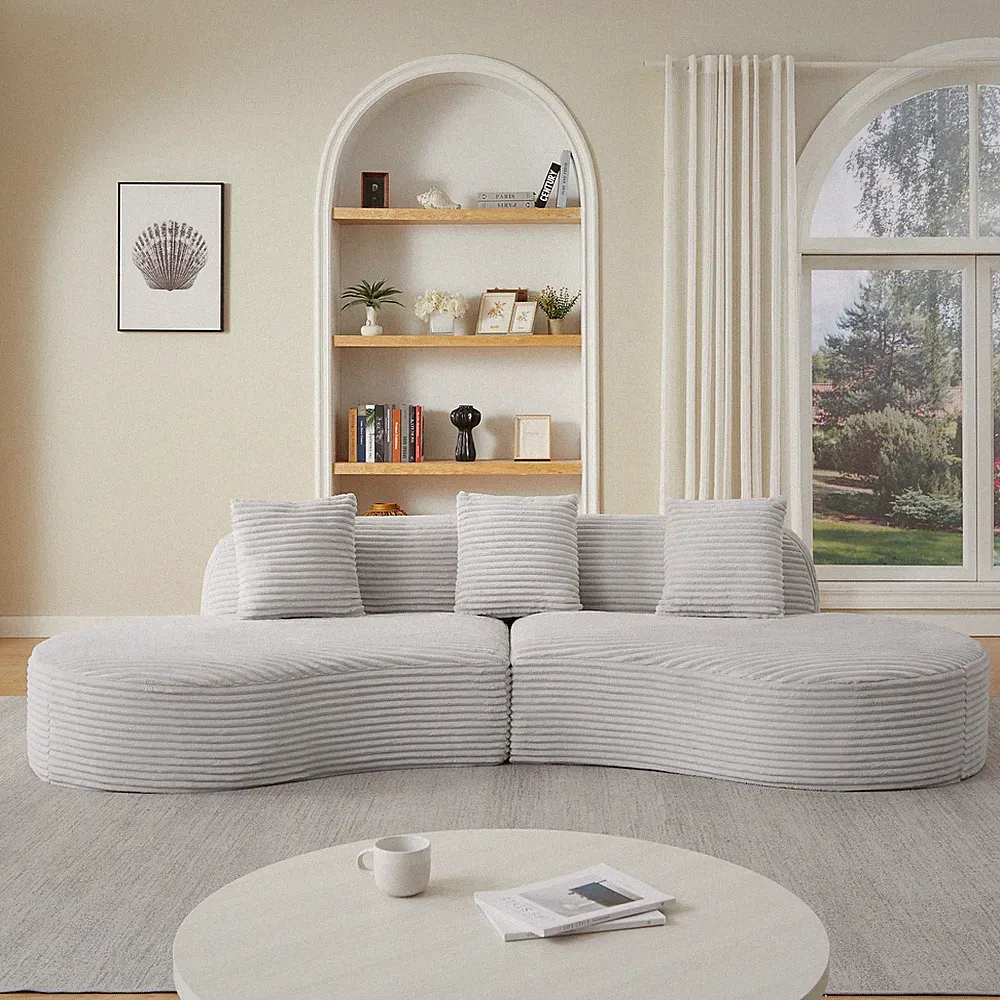 Contemporary Corduroy Compressed Upholstered Curved Sectional Sofa w/Scatter Cus