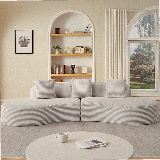 Contemporary Corduroy Compressed Upholstered Curved Sectional Sofa with Scatte