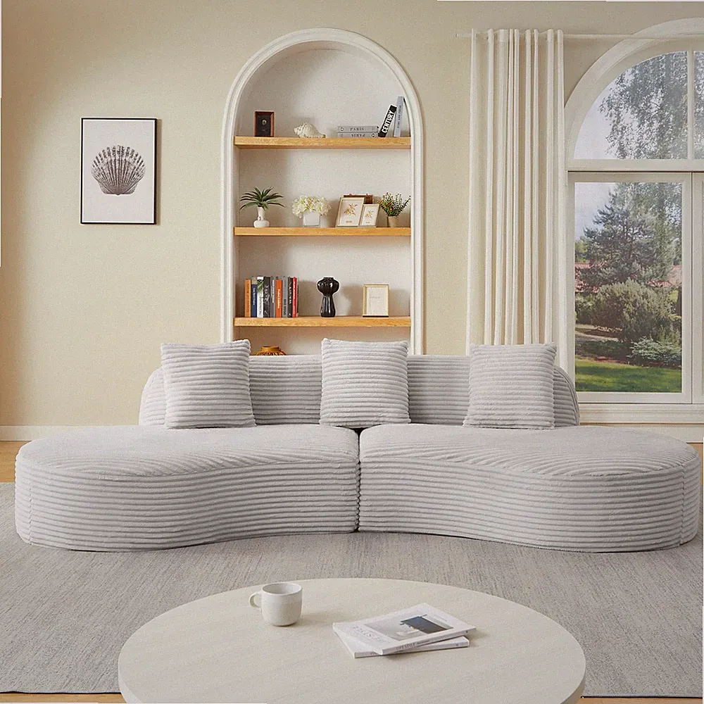 Contemporary Corduroy Compressed Upholstered Curved Sectional Sofa with Scatter