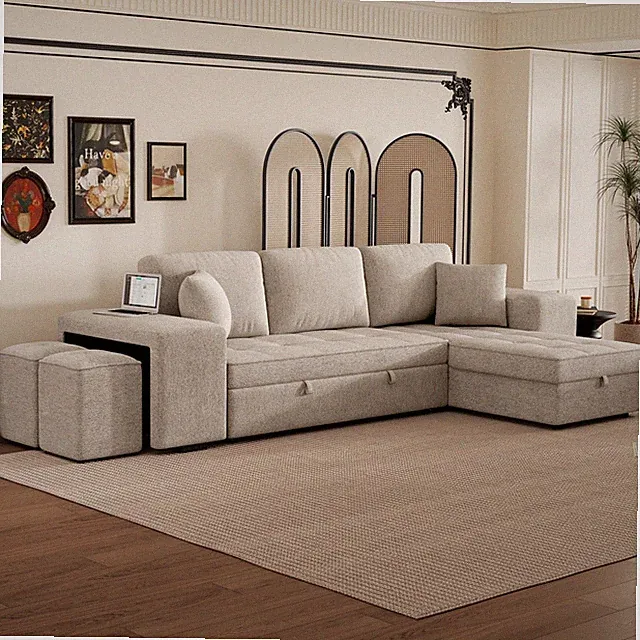 Contemporary L-Shape Chenille Reversible Sectional Sofa Bed Pull Out Sleeper