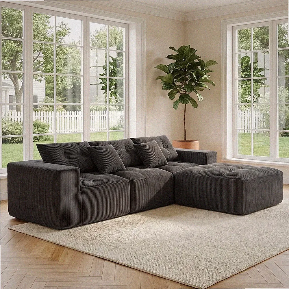 Contemporary L-Shaped Corduroy Sofa 80" Modular Sectional Couch w/ Chaise, Gray
