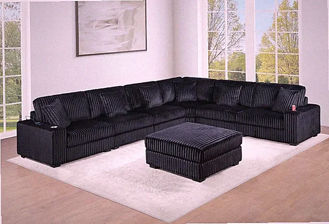 Contemporary Modern 7-PC Modular L-Sectional Sofa Set USB Cup Holder Black Cor