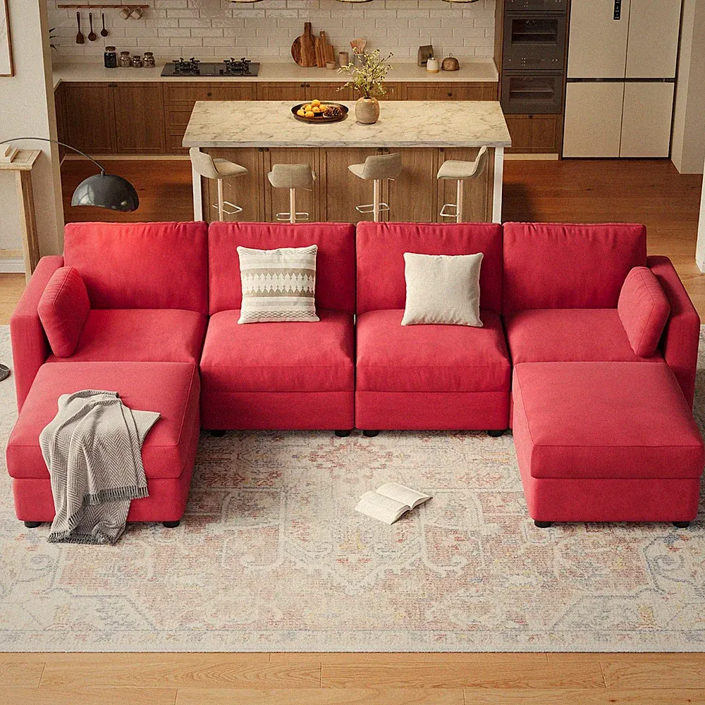 Contemporary Modular Sectional Sofa, 6 Seat w/Ottoman & Deep Cushions Chenille
