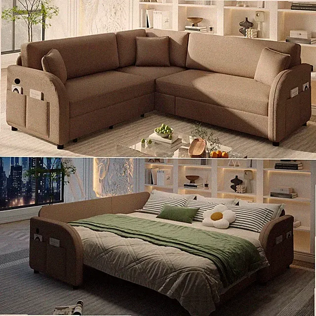 Contemporary Pull Out Sleeper Sofa with USB Charging Station 5-Seat Brown