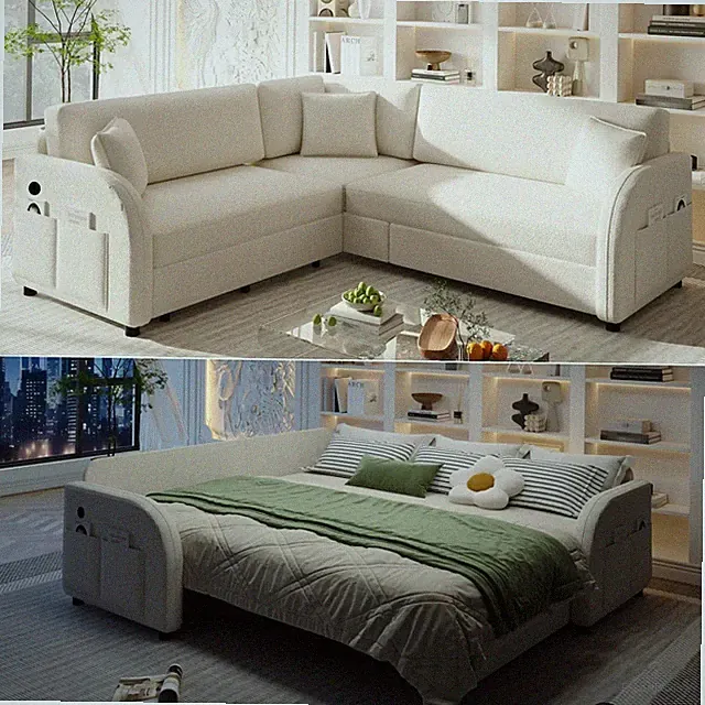 Contemporary Pull Out Sleeper Sofa with USB Charging Station 5-Seat White