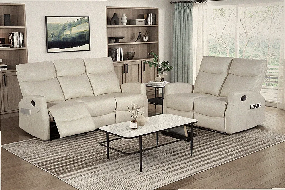 Contemporary Reclining Sofa Set 2pc Beige Sofa Loveseat Side Pockets Faux Leat