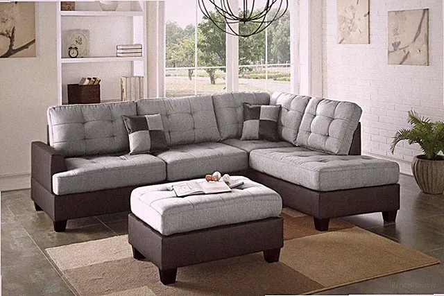 Contemporary Sectional Sofa Grey Polyfiber Linen Like Fabric Cushion Tufted Reve