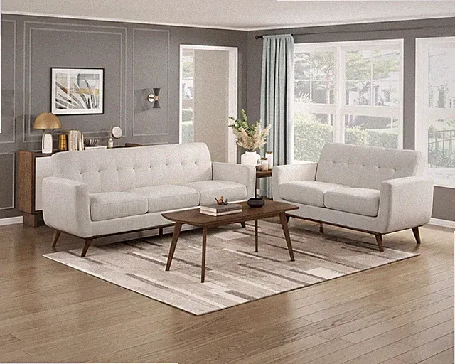 Contemporary Sofa Loveseat 2pc Set Beige Fabric Tufted Solid Wood Legs