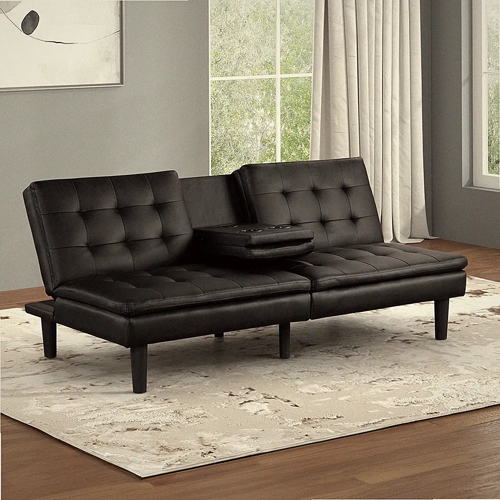 Contemporary Style Futon Sofa Bed Black Finish Built In USB Chargers Biscuit T