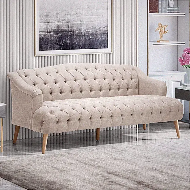 Contemporary Tufted Fabric 3 Seater Chesterfield Sofa Beige and Natural