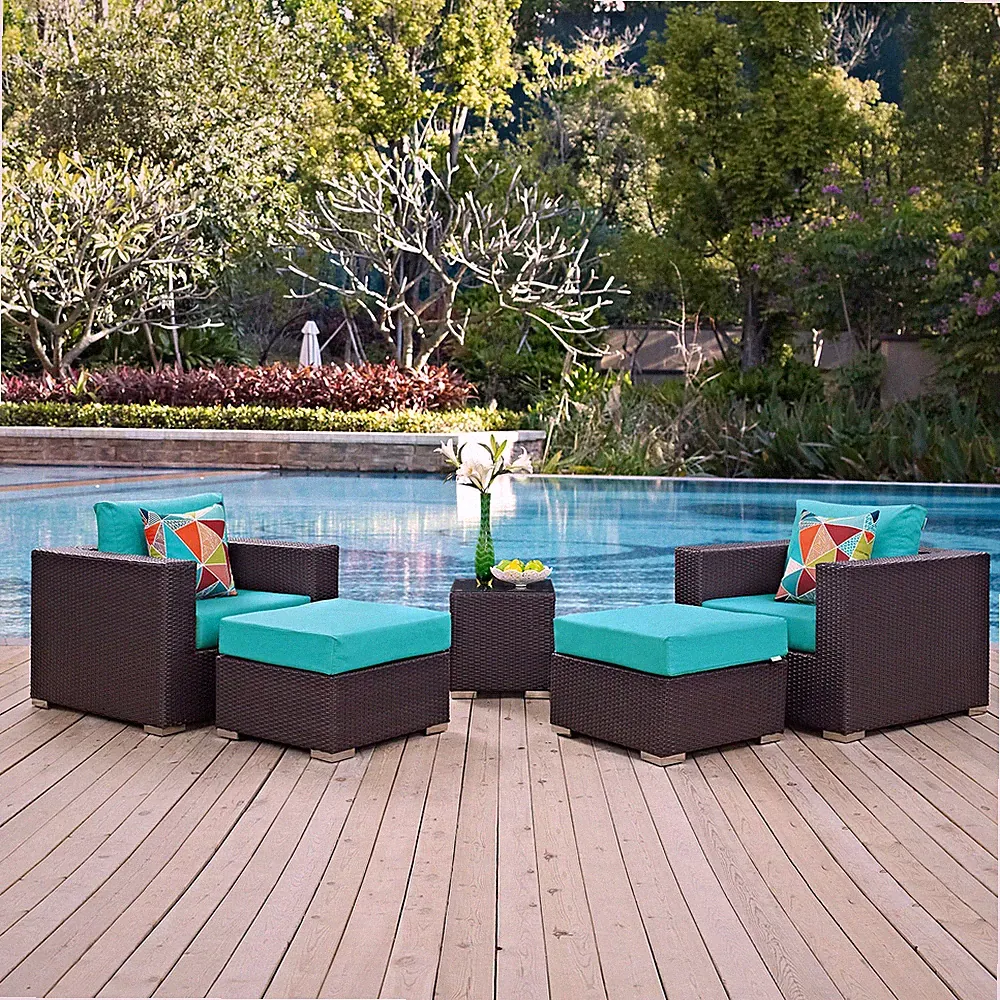 Convene 5 Piece Outdoor Patio Sectional Set in Espresso Turquoise