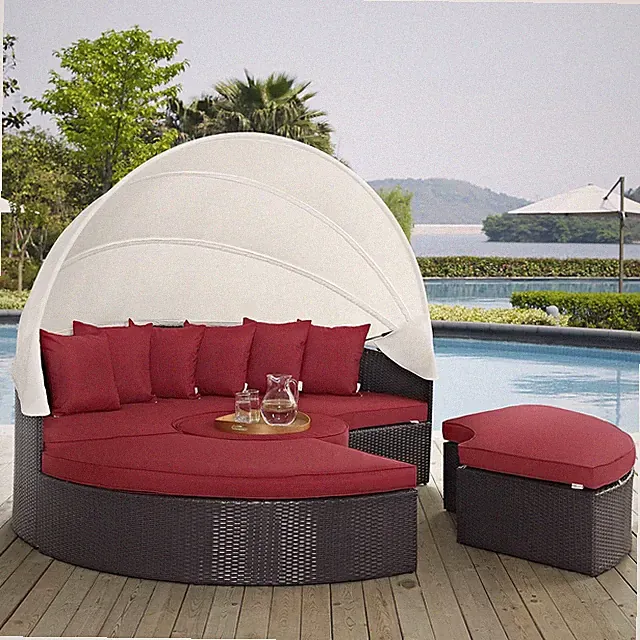 Convene Wicker Rattan Outdoor Patio Retractable Canopy round Poolside Sectional