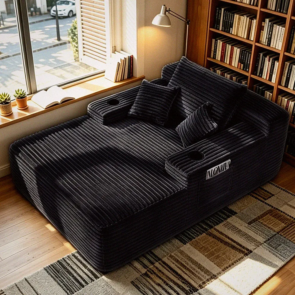 Convert Chaise Lounge Sofa Bed Plush Armrest Cupholder Pillows No Assembly Black