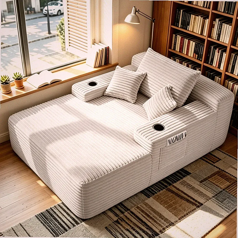 Convert Chaise Lounge Sofa Bed Plush Armrest Cupholder Pillows No Assembly Black