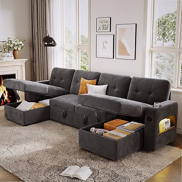 Convertible 107" U Shaped Sleeper Sofa Bed with Storage & Cup Holder - Dark Gray