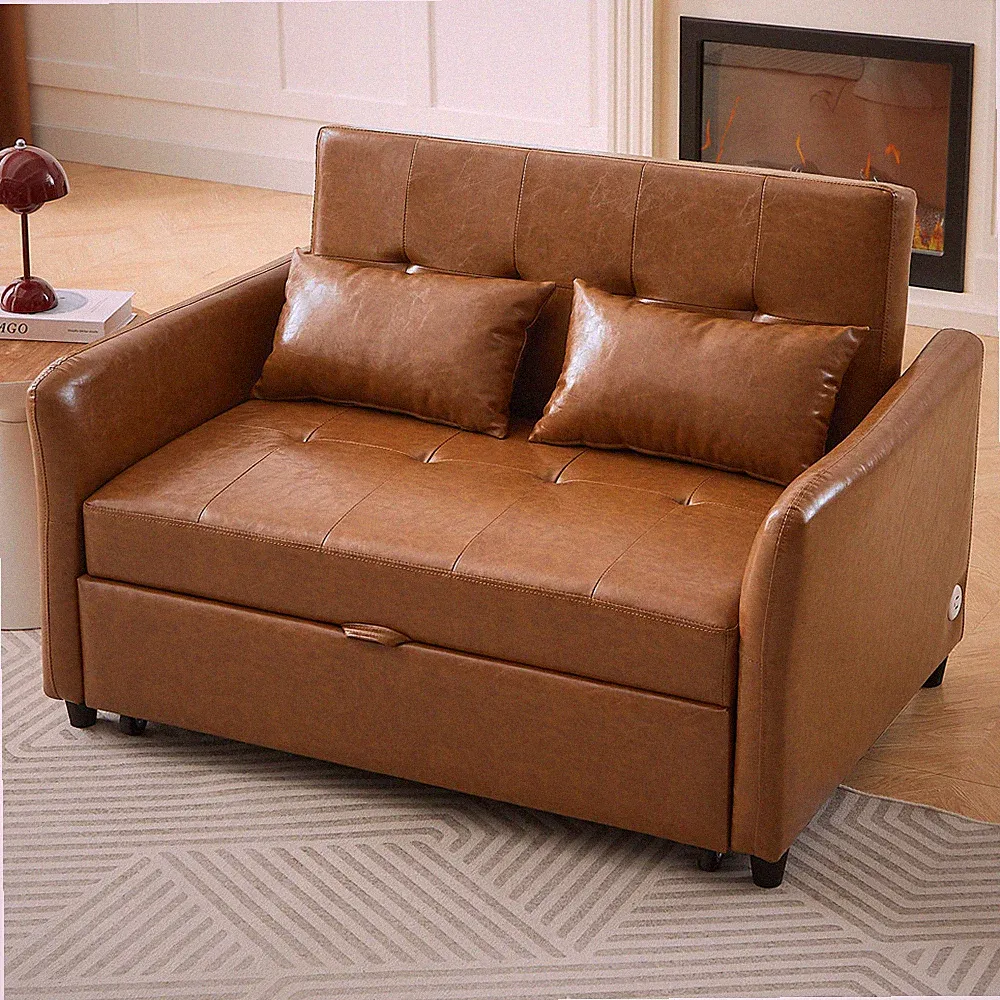 Convertible 2-in-1 Loveseat Sofa Bed PU Leather 3 USB Charging Port Pull Out Bed