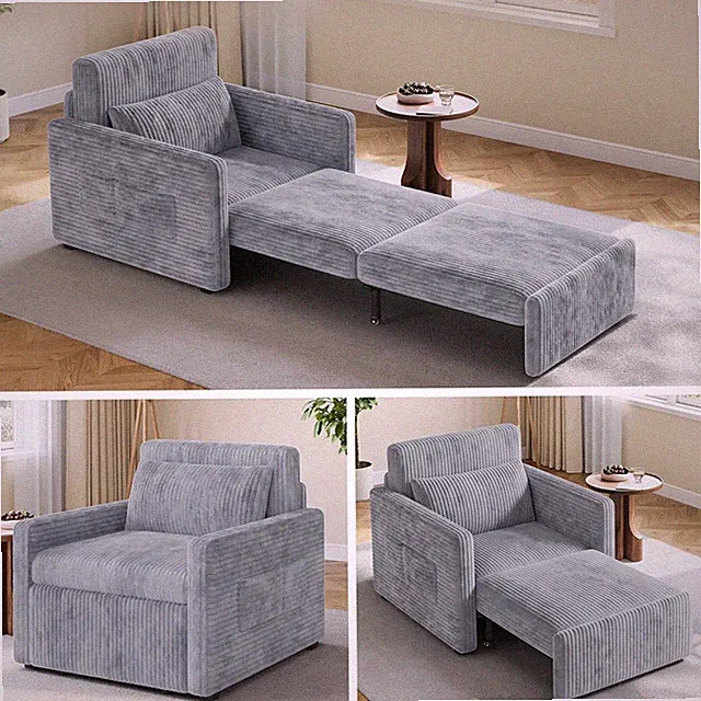 Convertible 3-in-1 Sleeper Chair Bed with Side Pockets - Gray, 75.2" Long