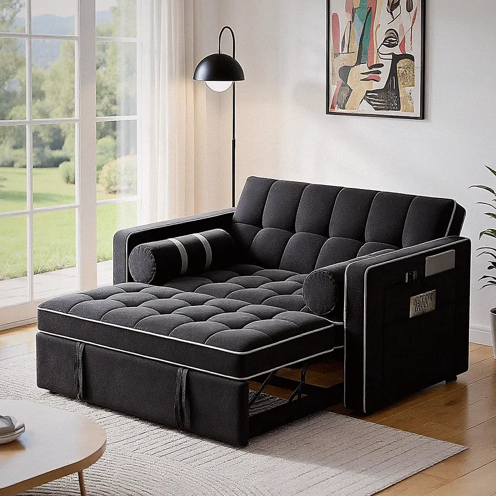Convertible 3-in-1 Sleeper Sofa Bed with USB Ports & Side Pockets, Charcoal Velv