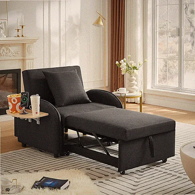 Convertible 3-in-1 Sleeper Sofa Chair with USB Ports - Space Saving Black Armcha