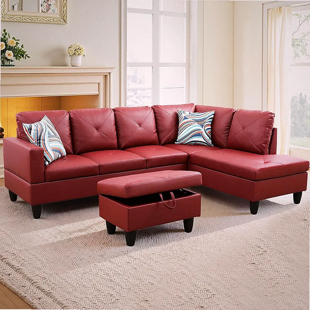 Convertible 3-Piece L-Shaped Sectional Sofa with Storage Ottoman, Dark Red
