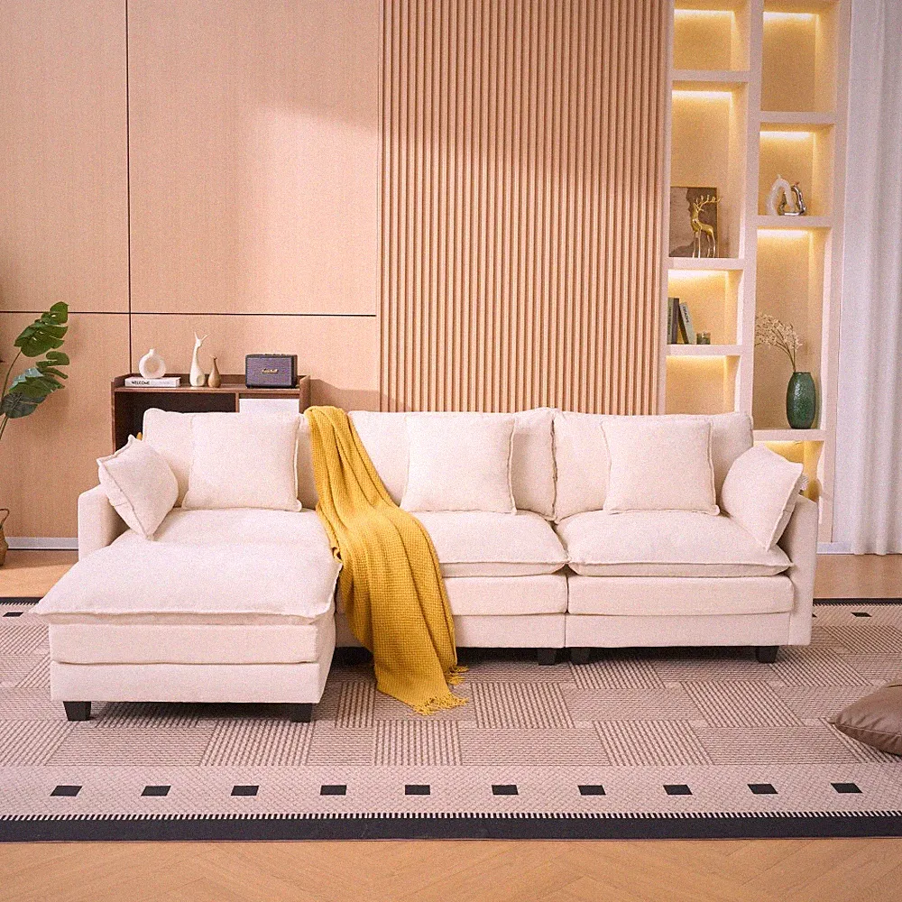 Convertible 3-Seater L-Shaped Sectional Sofa with Ottoman in Beige Chenille