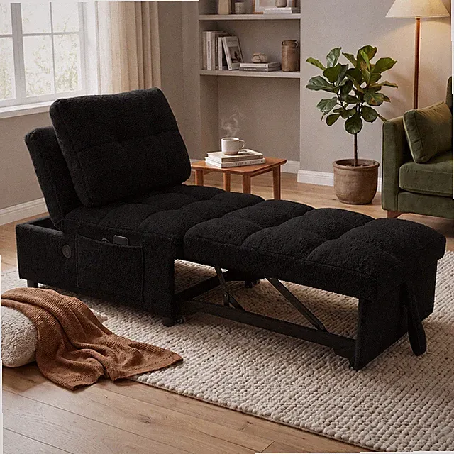 Convertible 3 Seater Sofa Bed Teddy Fabric Sleeper Couch Soft Armrests