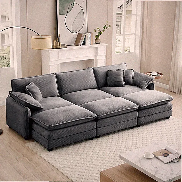 Convertible 3-Seater Sofa Sleeper w/ Ottomans Modular Corduroy Sectional Grey