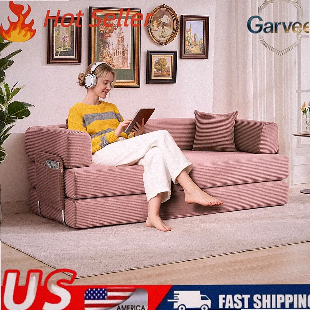 Convertible 5-in-1 Corduroy Folding Sofa Sleeper Bed 78.7" Pillows