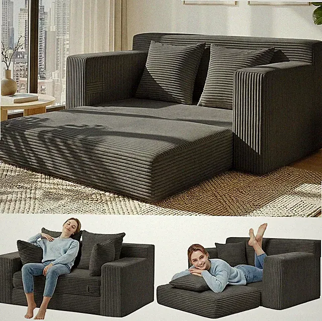 Convertible 5 in 1 Futon Sofa Bed Full Size, Corduroy Boneless Couch Sleeper Sof