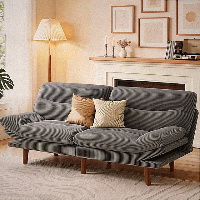 Convertible 66" Corduroy Futon Sofa Bed with Adjustable Backrest - Light Gray