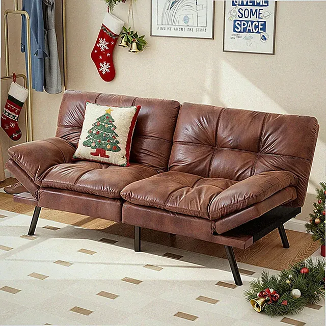 Convertible 71" Futon Sofa Bed - Comfy Loveseat for Small Spaces, Brown Faux Lea