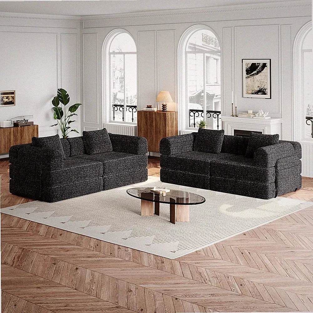 Convertible 72.4" Chenille Sofa Bed with Storage Pockets - Black Sectional Couch