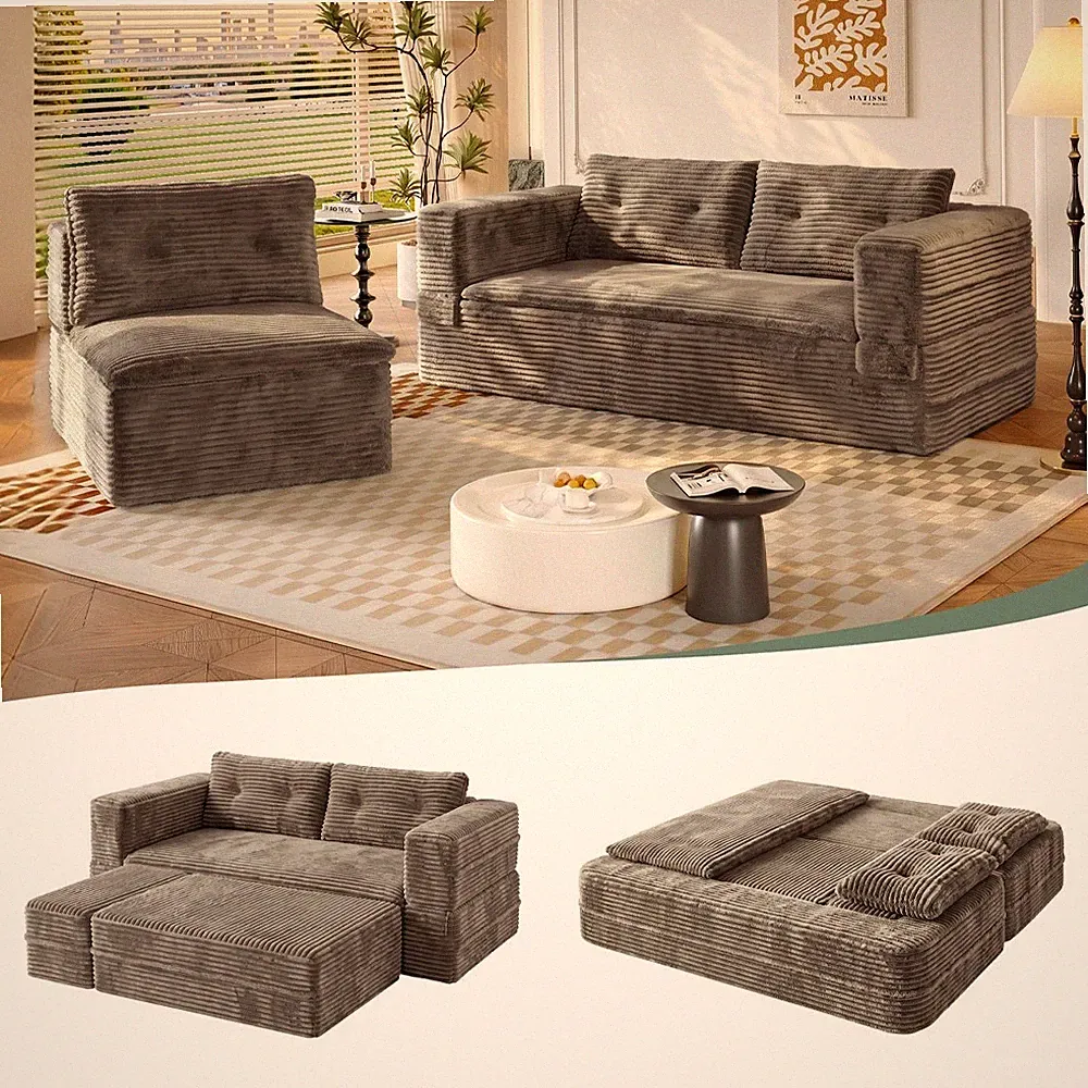 Convertible 80" King Size Futon Sofa Bed Sectional Couch with Chaise Blanket Set