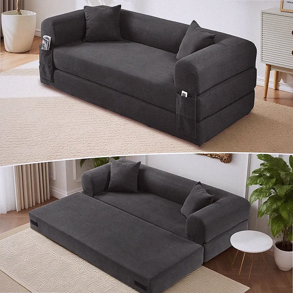 Convertible 80" Sofa Bed, Modern Folding Couch with Pillows & Storage, Dark Grey