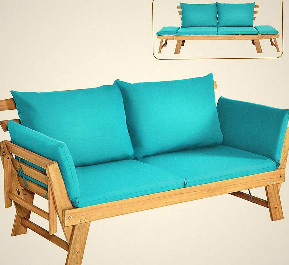 Convertible Acacia Wood Outdoor Sofa Bed with Cushions & Adjustable Armrests