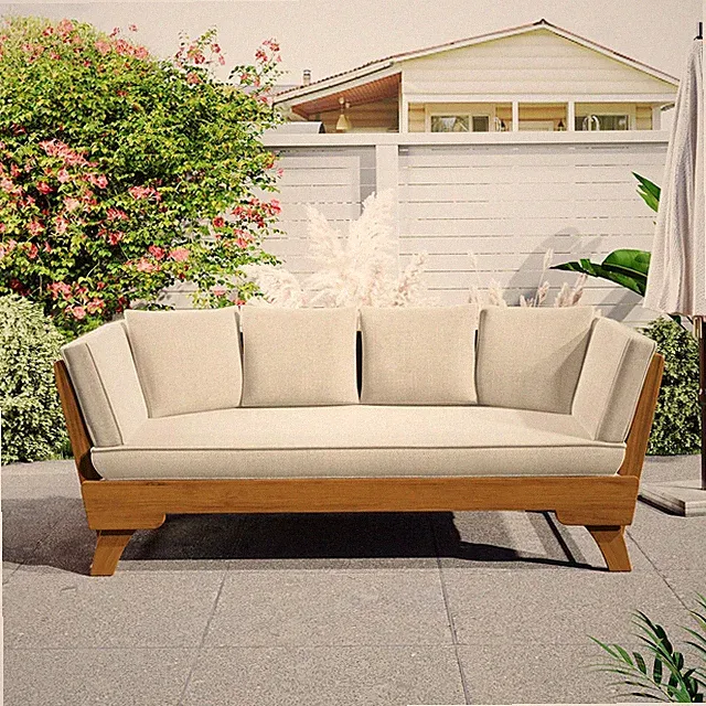 Convertible Acacia Wood Patio Couch, 3-Seater Lounge Sofa with Cushions