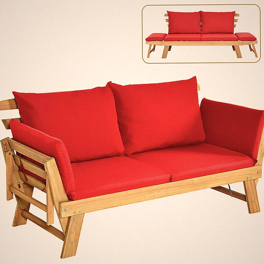 Convertible Acacia Wood Patio Couch Sofa Bed Daybed with Adjustable Armrest