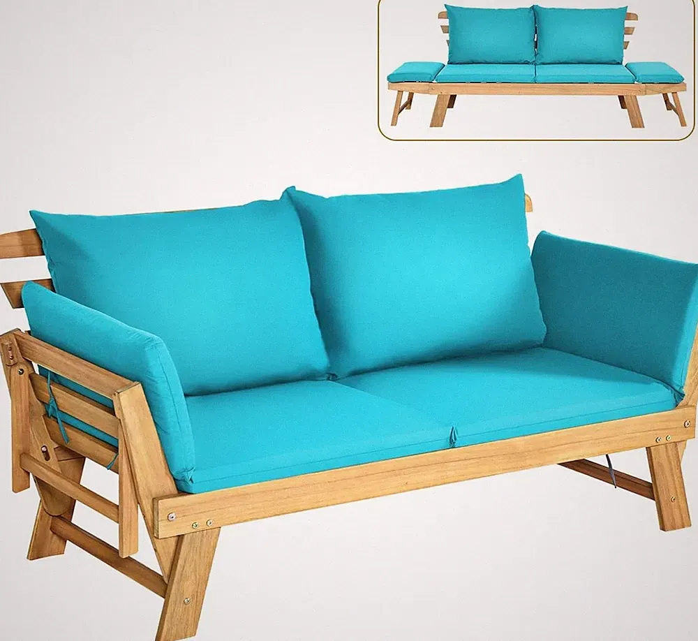 Convertible Acacia Wood Patio Couch Sofa Bed W/ Adjustable Armrest Outdoor