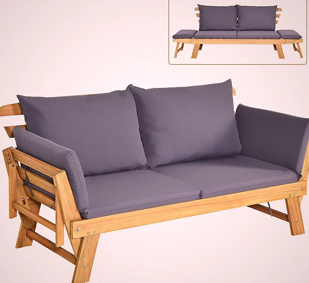 Convertible Acacia Wood Patio Couch Sofa Bed with Adjustable