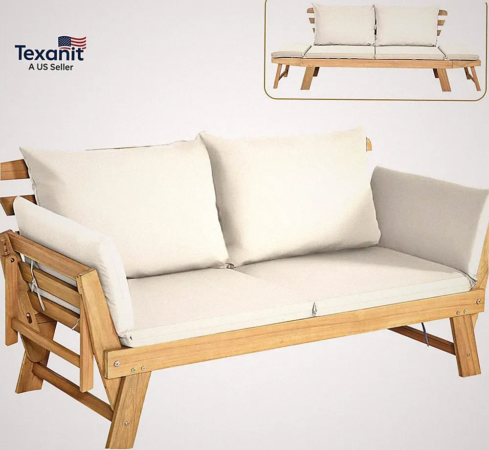 Convertible Acacia Wood Patio Couch Sofa Bed with Adjustable Armrest, Outdoor Da