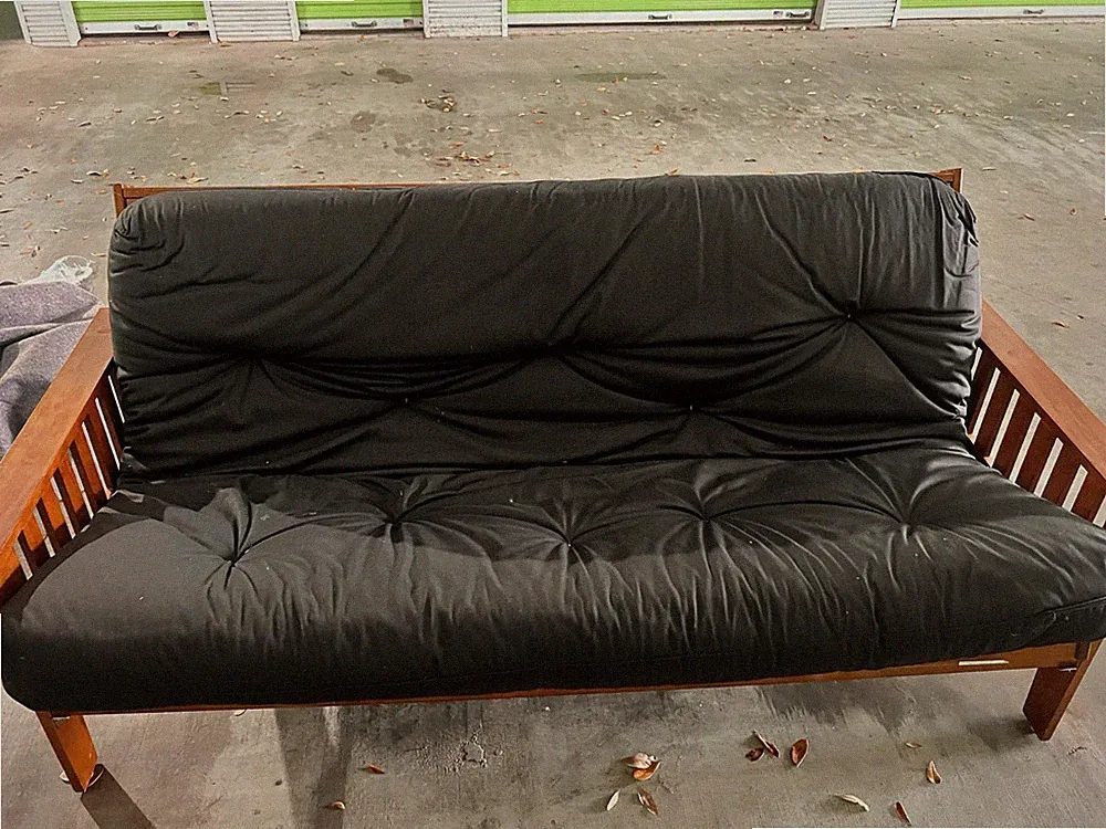 Convertible Black Futon Sofa Bed w/ Wood Slat Frame, Tufted Cushion