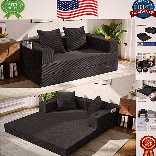 Convertible Black Futon Sofa Bed with Removable Cover - Perfect for Guests