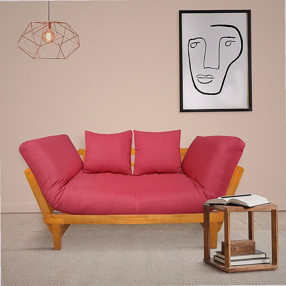 Convertible Casual Lounger Sofa Bed with Oak Frame and Red Cushions
