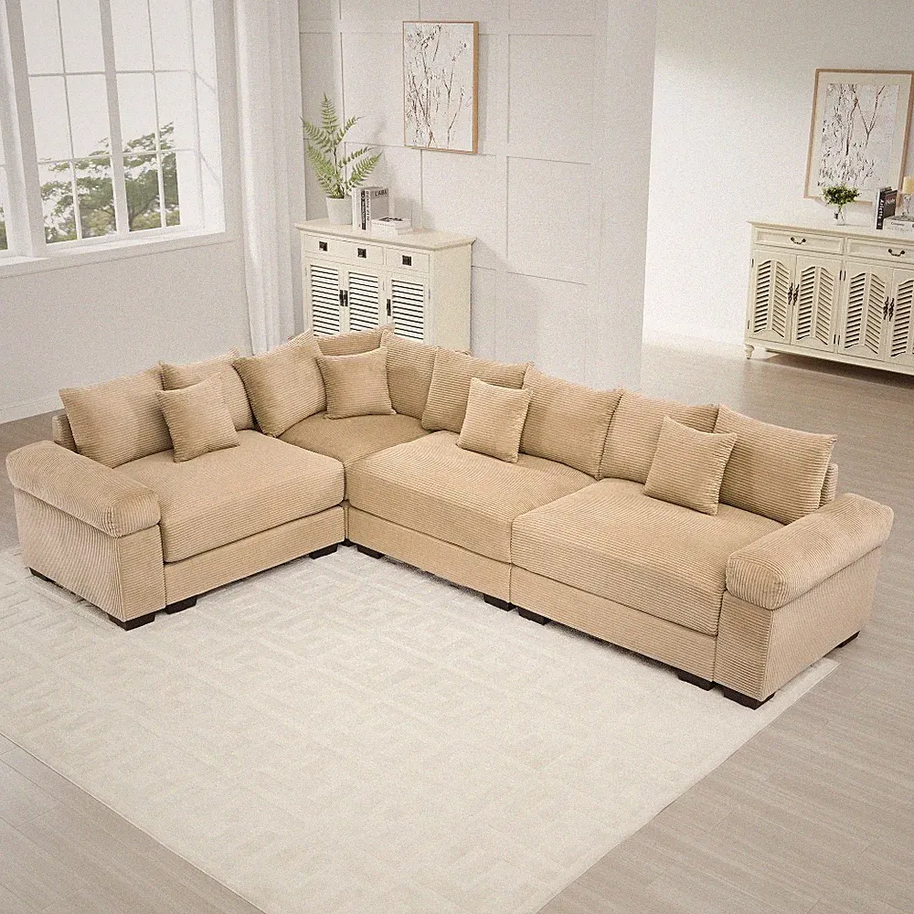 Convertible Chaise Modern Sectional Sofa, Deep Seat Corduroy & Ottoman, Camel