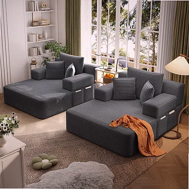 Convertible Chaise Sleeper Sofa Bed Boneless Couch with Storage Pocket Set 2PCS