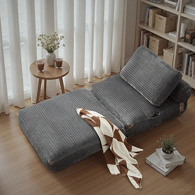 Convertible Corduroy Fabric Sofa Bed 10" Full Size Folding Mattress with Pillows