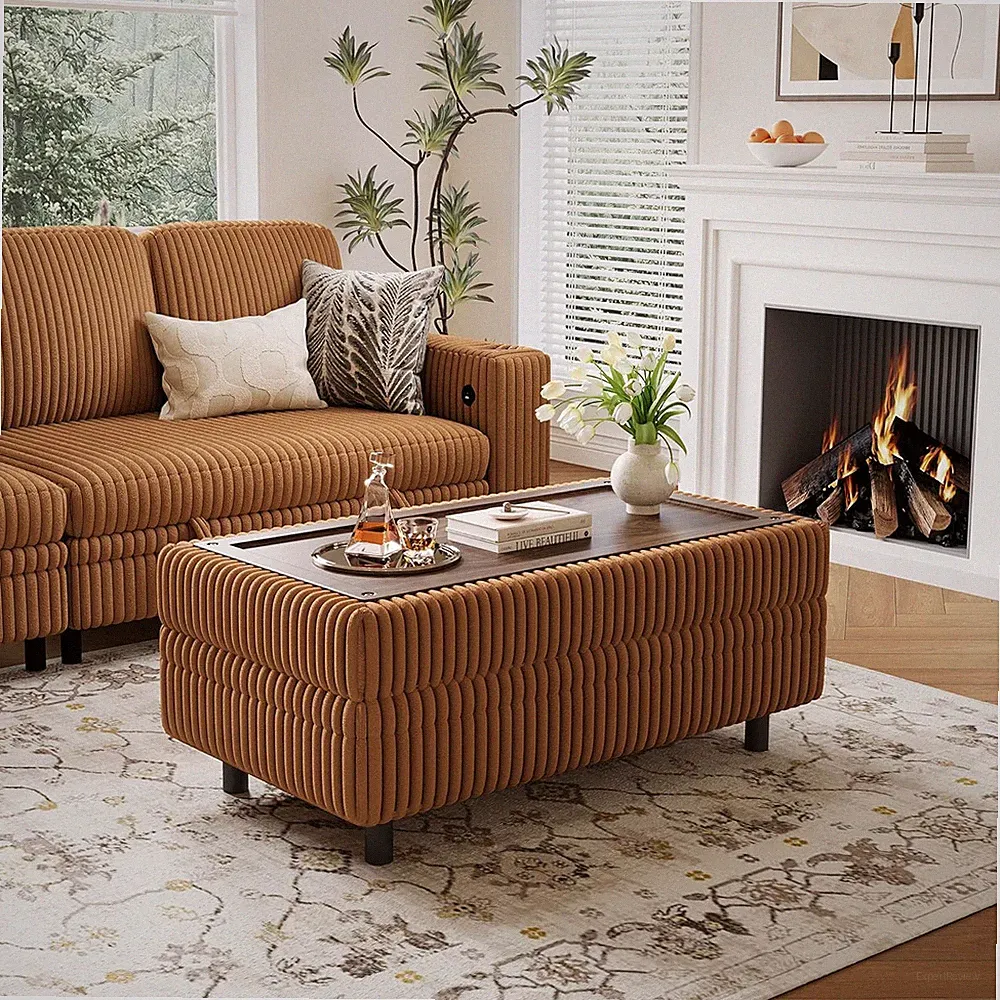 Convertible Corduroy Ottoman Bench & Sleeper Sofa for Living Room, Brown