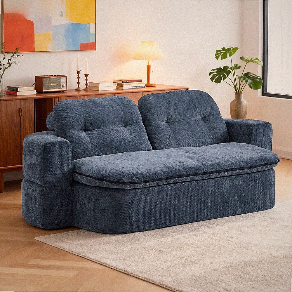 Convertible Corduroy Sofa Bed w/ 2 Pillows, Folds to Mattress, No Assembly